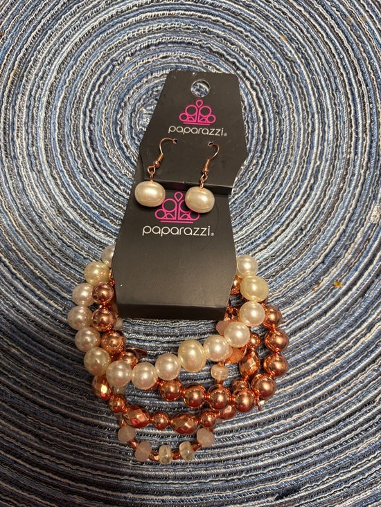paparazzi Jewelry - paparazzi Rose Gold and Pearl Multi-Strand Bracelet Set with Earrings